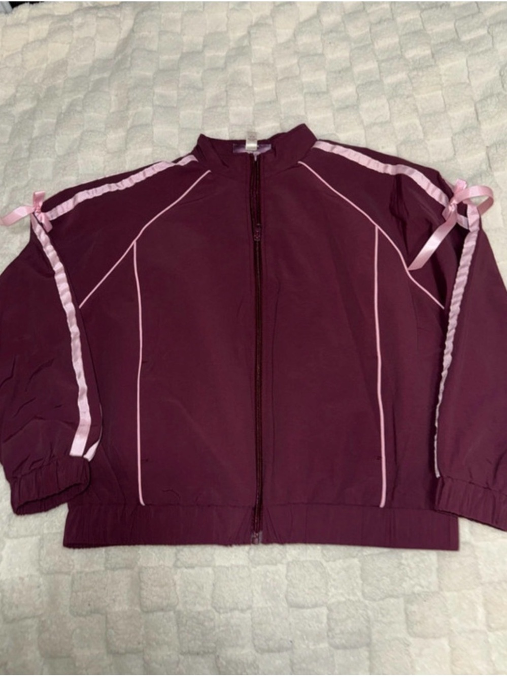Kids' Burgundy Bomber Jacket with Pink Ribbon Trim